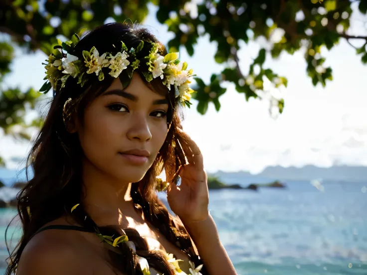 there is a woman with a flower crown on her head, polynesian style, lotus floral crown girl, wearing a flower headpiece, samoan features, nature goddess, wearing a floral crown, wearing a laurel wreath, portrait shot, flower goddess, photo of a beautiful w...