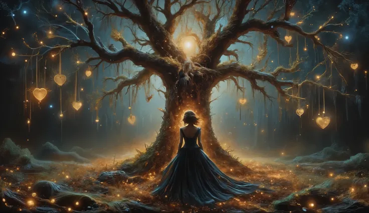 a solitary figure dressed in a flowing black gown, standing underneath a gnarled, leafless tree. The tree is adorned with numerous golden, heart-shaped ornaments that hang delicately from its branches, creating a striking visual contrast against the dark b...