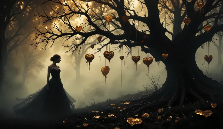 a solitary figure dressed in a flowing black gown, standing underneath a gnarled, leafless tree. The tree is adorned with numerous golden, heart-shaped ornaments that hang delicately from its branches, creating a striking visual contrast against the dark b...