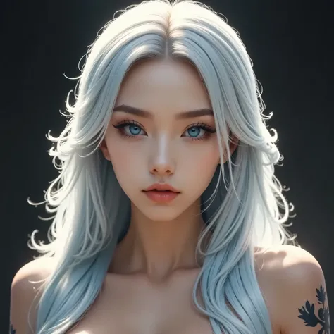  A woman with long, snow-white hair ,  with deep and mesmerizing blue eyes ,  that contrast with her clear and immaculate skin . She wears a provocative outfit ,  designed to highlight her cleavage and divine curves , , highlighting a heavenly body that se...