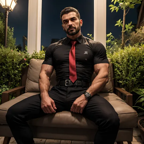 40 years old, One Man,、 muscularity、Tevfik Orman Kutlu 。 black shirt , red tie、 black slim pants 、Garden at Night、 sit on the sofa、 black shirt、 red tie、 black slim pants 、 upper body up　geff Bridges,　Front 　Menacing look　 black belt is mad　 upper body up　...