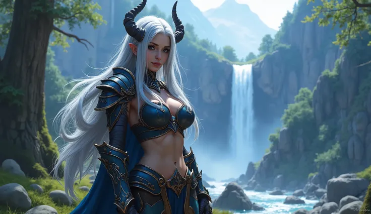 Sexy Draenei women,  Death Knight Warcraft,  Long silver hair,  shining eyes ,  bust size 100 waist size 60 hip size 100, against the backdrop of tall mountains covered with trees and a waterfall