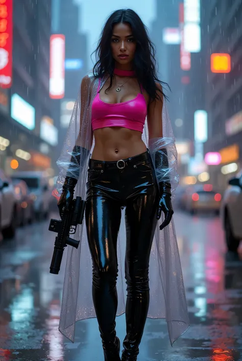 Latin woman, voluptuous with black latex pants,  high heel boots , pink latex cropped top,  cyber gun on her hips ,  long black latex gloves, transparent plastic raincoat Cyber City with rain, cosmic 
