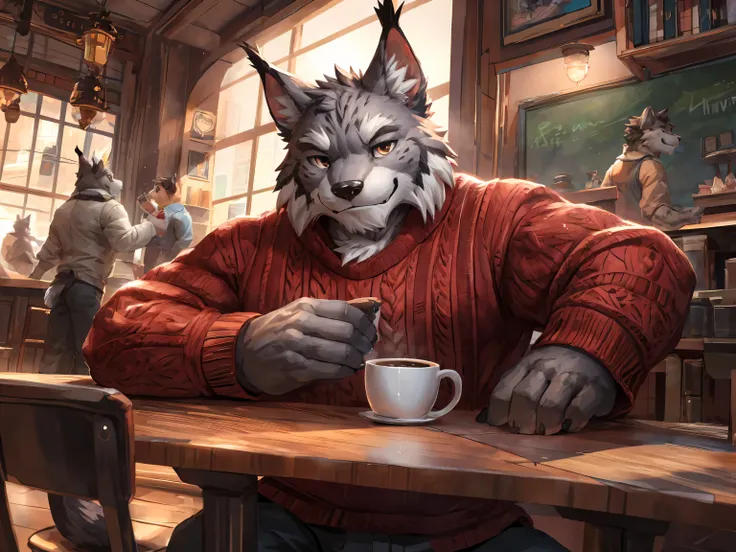 solo, lynx, (young:1.3), shota, (gray fur:1.3), elegant demeanor, pleasure, Knitted Sweaters, drinking coffee, sit on chair, coffee shop, cartoon, dynamic poses, Various facial details, Eyes details, lifelike, correct anatomy, high resolution, high quality...