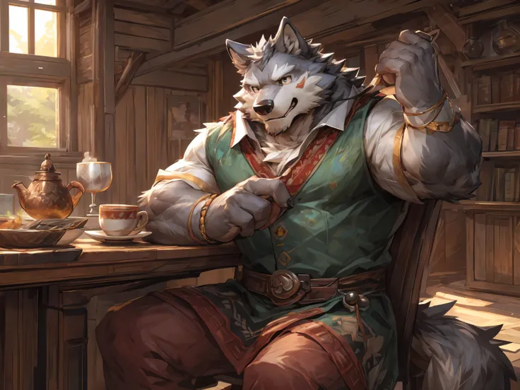 solo, wolf, (gray fur:1.3), elegant demeanor, easygoing, sit on chair, drink tea, Tunic, indoor, living room, wooden house, Countryside Style, cartoon, dynamic poses, Various facial details, Eyes details, correct anatomy, high resolution, high quality, mas...