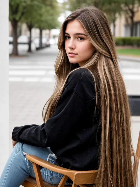 A 19-year-old woman with dark blond hair.,((  Hyperrealism )) ,.   Dark blonde hair with light brown roots. cabello rubio,   hair with brown roots  ,   Extra long hair,   Very long hair,   Very long hair,   beautiful,  side view, Photo,  Photo tomada con e...