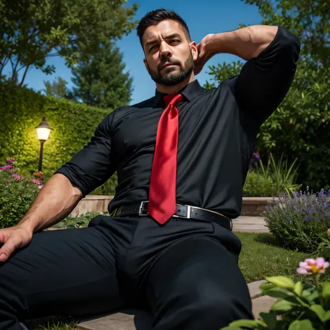 40 years old, One Man,、 muscularity、 black shirt , red tie、 black slim pants 、Garden at Night、 Sitting on the grass、 black shirt、 red tie、 black slim pants 、 upper body up　geff Bridges,　Front 　Menacing look　 black belt is mad　 upper body up　 as seen from b...