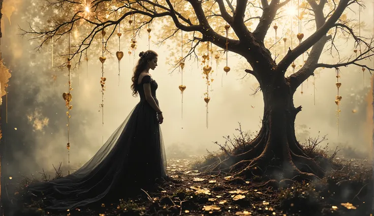 A shadowy figure, draped in a flowing black gown, stands solemnly under a gnarled, leafless tree shimmering with hanging golden, heart-shaped ornaments. A heavy mist rolls through the air, obscuring distant details and intensifying the scene’s enigmatic au...