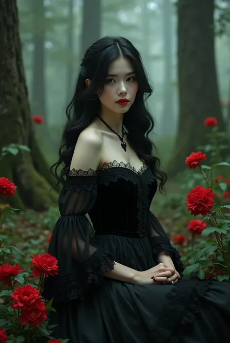 A romantic Gothic woman in a forest with red flowers Victorian era