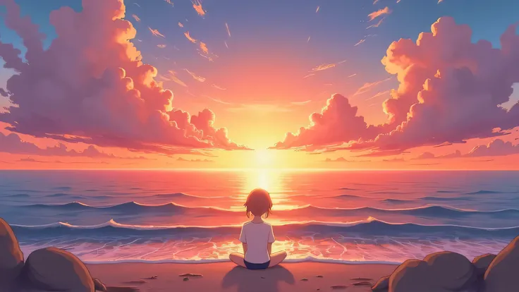 Golden Hour by the Ocean, sunset vibe, sundown, japanese animation illustration style, lofi, chill