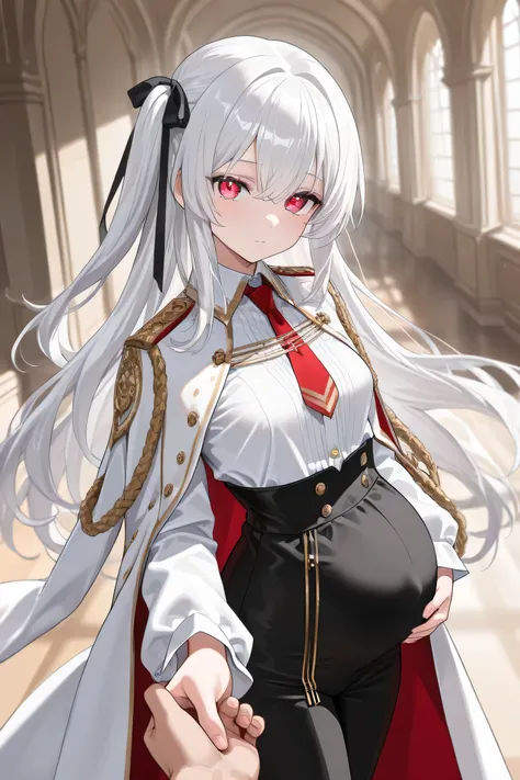 (Best quality, 4k, 8k, high resolution, masterpiece:1.2), ultra detailed, intricate details, beautiful girl, alone, long white hair, bangs, one side of her hair adorned with a white ribbon with gold stripes, red-colored eyes, small-medium breasts, perfect ...