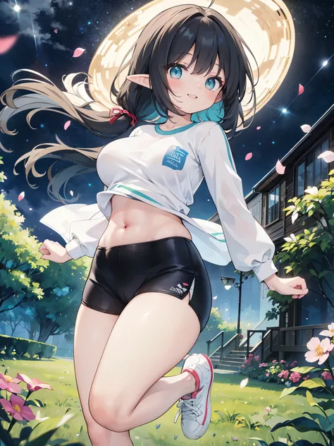 detailed image, beautiful image, 1 elf, black hair, long hair, turquoise eyes, has large breasts, short waist black, wide hips, thick thighs, big ass, wearing a long sleeve top, showing her belly button, black sport shorts, casual sneakers, running in a pa...