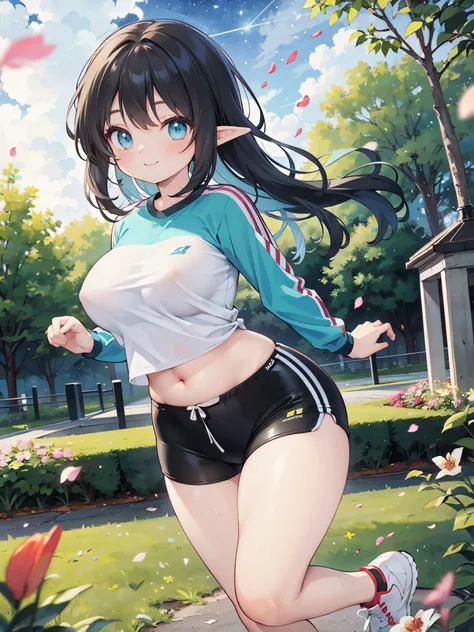 detailed image, beautiful image, 1 elf, black hair, long hair, turquoise eyes, has large breasts, short waist black, wide hips, thick thighs, big ass, wearing a long sleeve top, showing her belly button, black sport shorts, casual sneakers, running in a pa...