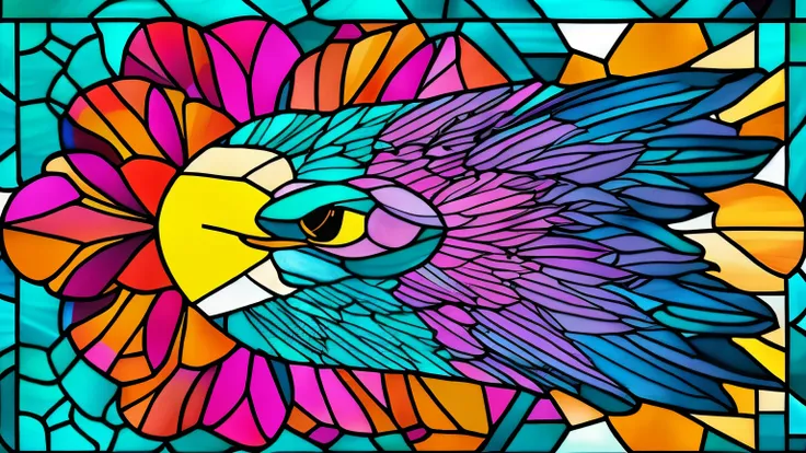 A vibrant, professional graphic design in a pop art style, featuring a stunning stained glass window-inspired background with intricate, delicate patterns and motifs reminiscent of watercolor art. The dominant colors are bright, bold hues of pink, blue, ye...