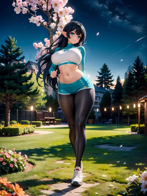 detailed image, beautiful image, 1 elf, black hair, long hair, turquoise eyes, has large breasts, short waist black, wide hips, thick thighs, big ass, wearing a long sleeve top, showing her belly button, black sport shorts, casual sneakers, running in a pa...