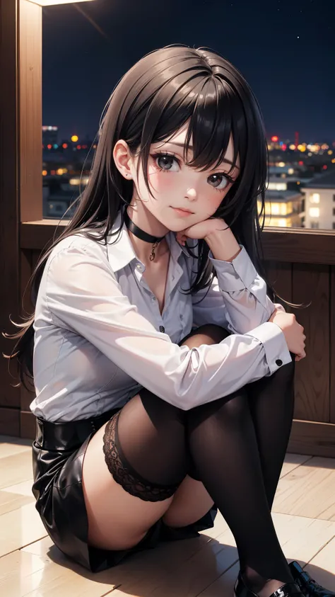  a young girl sitting on the floor with her legs crossed and her head crouched in pain, hugging her knees,  She is very tired ,  Sitting on the floor on bent knees  , pretty face,  tender look, slight smile,  long black hair,  detailed eye comforter,  blac...