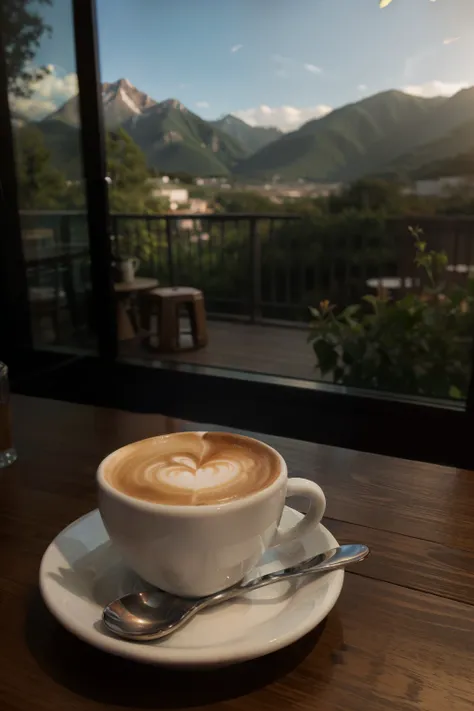 Hot cup of coffee with cool atmosphere and scenic background, 3d,  photography