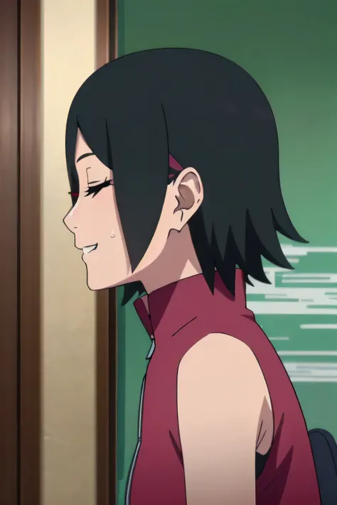 Sarada Uchiha,1girl, solo, upper body, side view, viewed from side, smile, sensual expression,eyes closed,leaning forwards,leaned forwards,sweaty