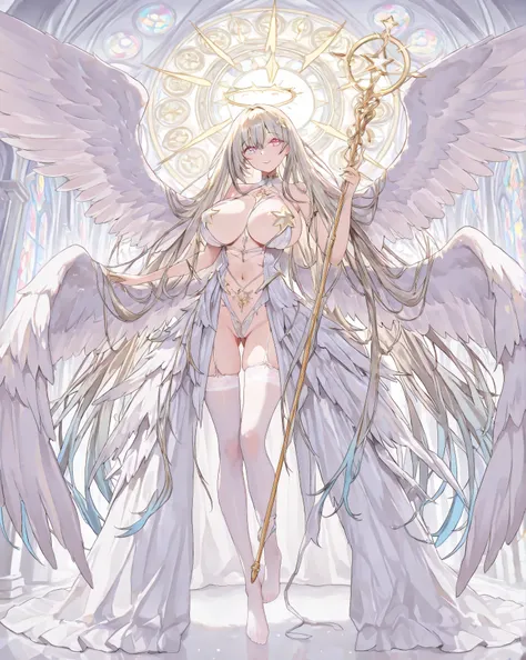 masterpiece, best quality, amazing quality, very aesthetic,  high quality, angel, six wings angel, adult female,  three pair big wings, holding a great holy Scepter,  anime, sole, very very very very long hair , High Resolution, Bright Pupils, Asymmetrical...