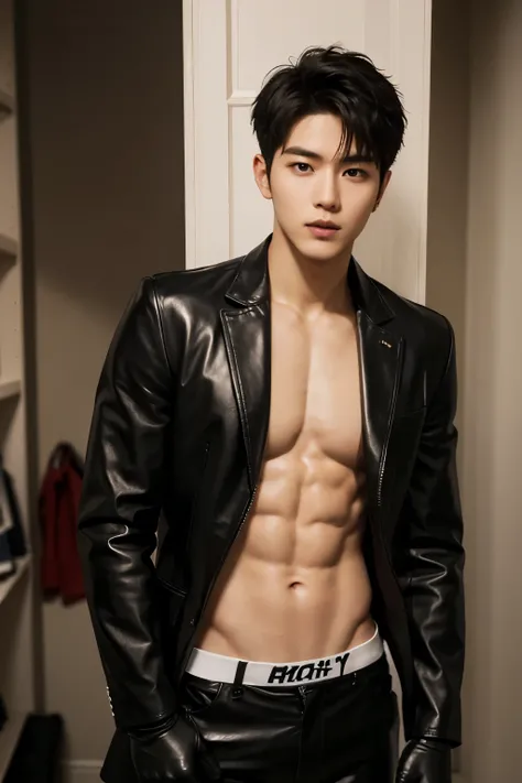 A muscular, Full body shot of a handsome K-pop boy idol is wearing a leather suit with a tie and black leather gloves.
 lean on Showing abs, in closet. sexy.try to rape.realistic high quality .intricate detail face , ultra high res, uhd