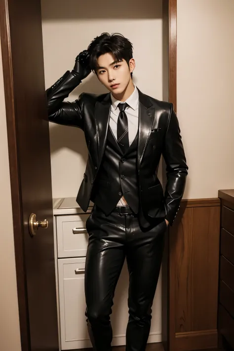 A muscular, Full body shot of a handsome K-pop boy idol is wearing a leather suit with a tie and black leather gloves.
 lean on Showing abs, in closet. sexy.try to rape.realistic high quality .intricate detail face , ultra high res, uhd