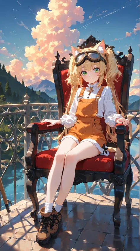  HDR animation  , Cat ears、 goggles, (Full body shot from looking diagonally down:1.3)、(Moment with a sense of dynamism in a deadly move that boldly uses the whole body:1.2)、Sitting cross-legged on the throne in the Demon Castle 、Put on a cheek stick and s...