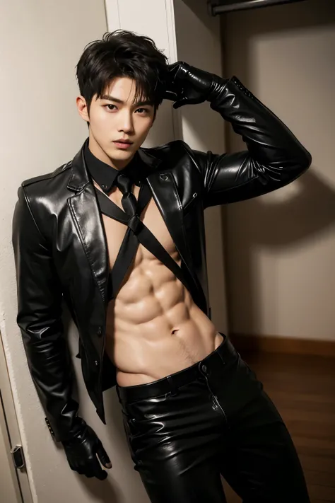 A muscular, Full body shot of a handsome K-pop boy idol is wearing a leather suit with a tie and black leather gloves.
 lay down Showing abs, in closet. sexy.try to rape.realistic high quality .intricate detail face , ultra high res, uhd