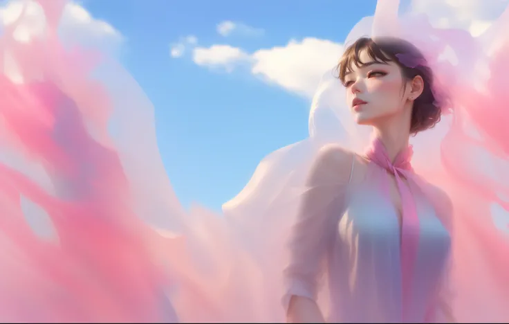 Giraffe woman in pink dress and pink scarf, inspired by Yanjun Cheng, By Lu Dongjun, by Yanjun Cheng,  yanjun chengt , Silk fluttering in the wind, inspired By Lu Dongjun,  a fantastic still image ,  covered under transparent cloth , Soft Portrait Shoot 8K...