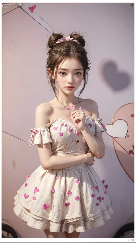   Highest& Masterpiece,Ultra HD 4K,(( make a heart with both hands ,Brainstorming Photo:1.4)),((bun hair with ribbon:)),Adult Girl ,black off-shoulder with bow