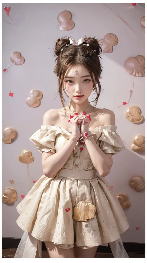   Highest& Masterpiece,Ultra HD 4K,(( make a heart mark with both hands,Brainstorming Photo:1.4)),((bun hair with ribbon:)),Adult Girl ,black off-shoulder with bow