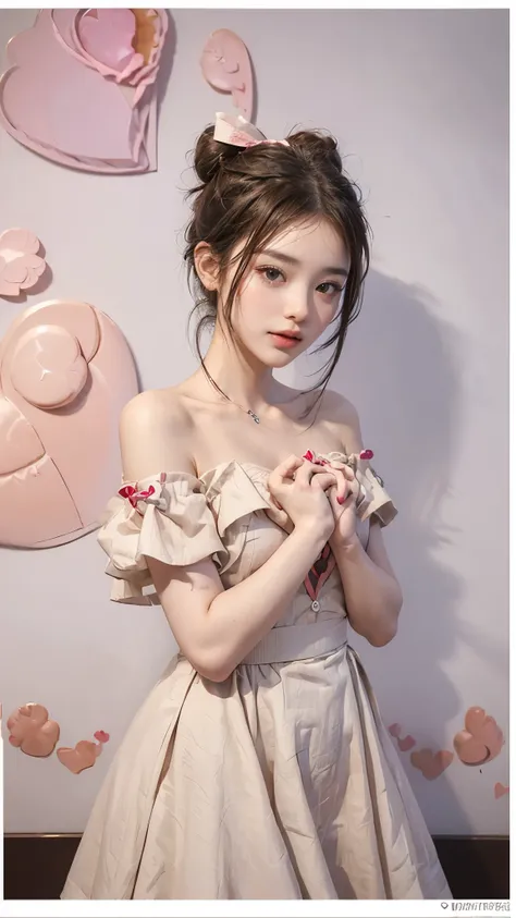   Highest& Masterpiece,Ultra HD 4K,(( make a heart mark with both hands,Brainstorming Photo:1.4)),((bun hair with ribbon:)),Adult Girl ,black off-shoulder with bow