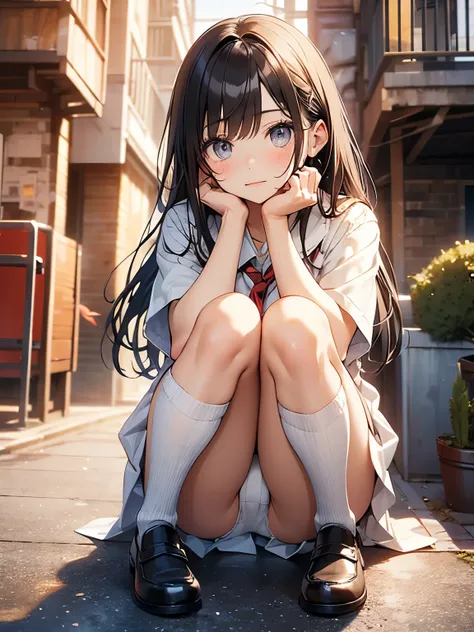    top quality with beautiful eyes，8k，Age 15、 high school girl、uniform、Loli Face、True Face、 white panties at the fire escape、 knee-high stockings、 loafers、Meaty thighs、 big butt、Place your hands on the ground、 white panties at the fire escape、Perfect limbs