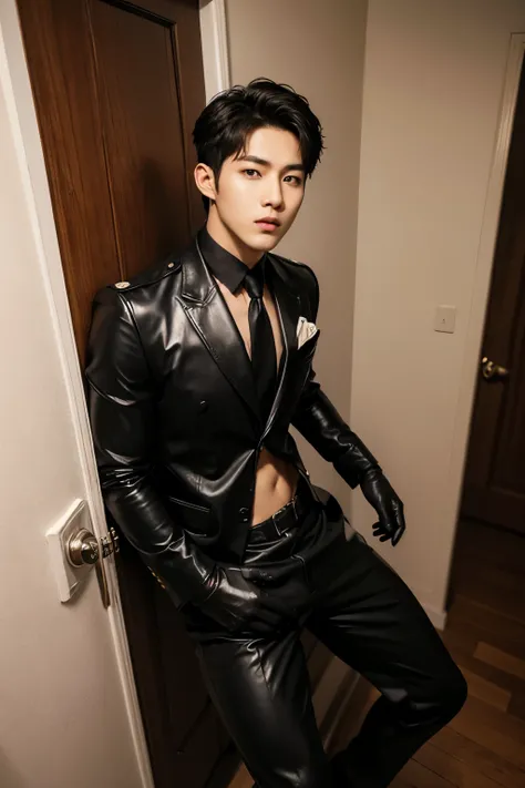 A muscular, Full body shot of a handsome K-pop boy idol is wearing a leather suit with a tie and black leather gloves.
 lay down Showing abs, in closet. sexy.try to rape.realistic high quality .intricate detail face , ultra high res, uhd