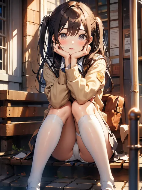    top quality with beautiful eyes，8k，Age 15、 high school girl、uniform、Loli Face、True Face、 white panties at the fire escape、 white knee-high stockings 、 loafers、Meaty thighs、 big butt、sit