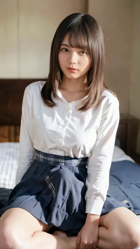  alone、natural body shape、 white skin、 natural cosmetics、  black hair、bangs、  STRAIGHT LONG HAIR 、、(expensive  、 barefoot、 in a white blouse、  blue plaid pleated skirt  )、、( open legs:1.3)、((  and my upper body is wearing a uniform ))、((((( looking at came...