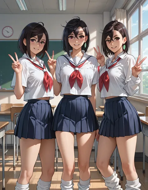 Ayase Momo smiles with a smile ((Three high school girls)), ((Black hair and short hair)), ((Three stands and look at the viewers to make peace sign)), (((School) uniform)), (((woman wearing loose socks)), school classroom,