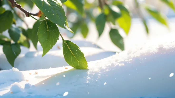 Spring snow slightly piled up on peppermint leaves