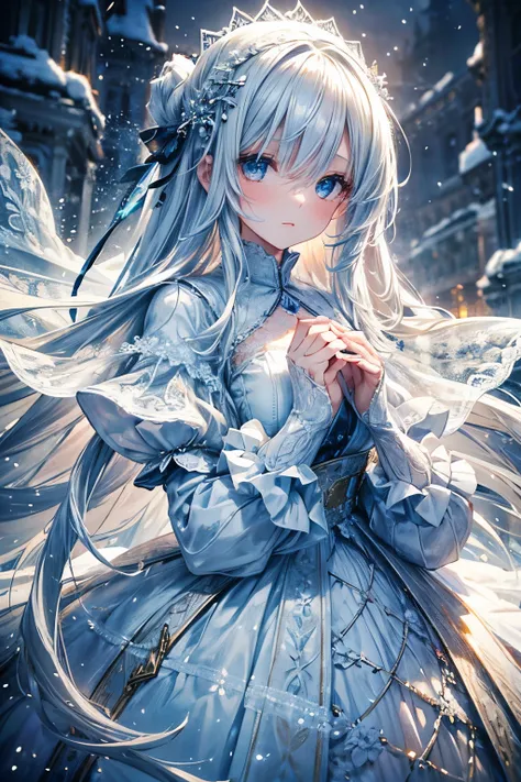 Silent girl with long white hair standing gracefully in a winter scene, adorned with a lace and frilled dress. Her pose delicately highlights her hands' detailed expression. A subtle gradient background envelops the scene, with softly falling snow enhancin...