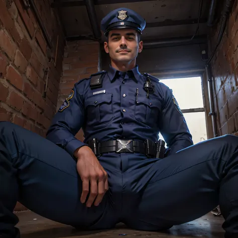 35 years old handsome,  One Man,、  muscular。 Police uniform、 View from below 、 short hair。  Very Short Hairstyle  、  arabic face 、 basement、  sit on the ground、 Open your legs 、 Police uniform、 View from below 、  upper body up 　　Front  　 Police uniform　thr...