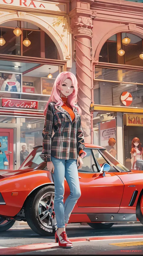  high res images、 high res,Create another scene with the same style ,（ Barbie's car red C1 Corvette ）Barbie is now outside the perfume store.mosquito.,She's in the streets of San Diego right now。, She's going to get in the car soon , Her car is a C1 Corvet...