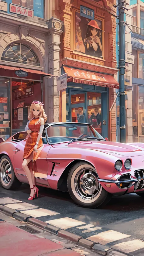  high res images、 high res,Create another scene with the same style ,（ Barbie's car red C1 Corvette ）Barbie is now outside the perfume store.mosquito.,She's in the streets of San Diego right now。, She's going to get in the car soon , Her car is a C1 Corvet...