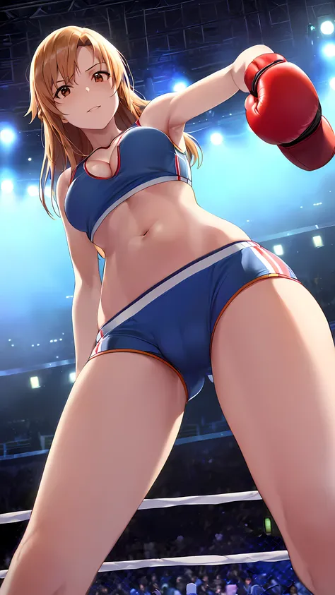 Asuna yuki(Sword Art Online), Long bronze hair, Braiding, Brown eyes, 1girl:2, Detailed eyes, (sports bra:1.5, sports short spats:1.5, boxing gloves, thigh, cleavage, small belly button:1.5, large breast:1.5), Perfect body, shine smile:1.5, taunt, Toned bo...