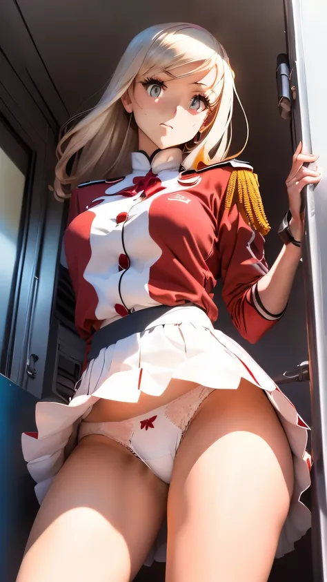 A woman in a red dress has a miniskirt, Red miniskirt uniform ,  White panties are visible from the silver miniskirt , Edward Corbett disguised as a woman wearing a miniskirt,  Anime The Chamba  ,  like a retro-futuristic heroine