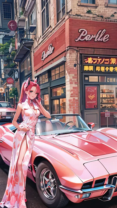  high res images、 high res,Create another scene in the same style  ,( Barbie's car red C1 Corvette )Barbie is now outside the perfume store.mosquito.,She's in the streets of San Diego right now。, She's going to get in the car soon , Her car is a C1 Corvett...