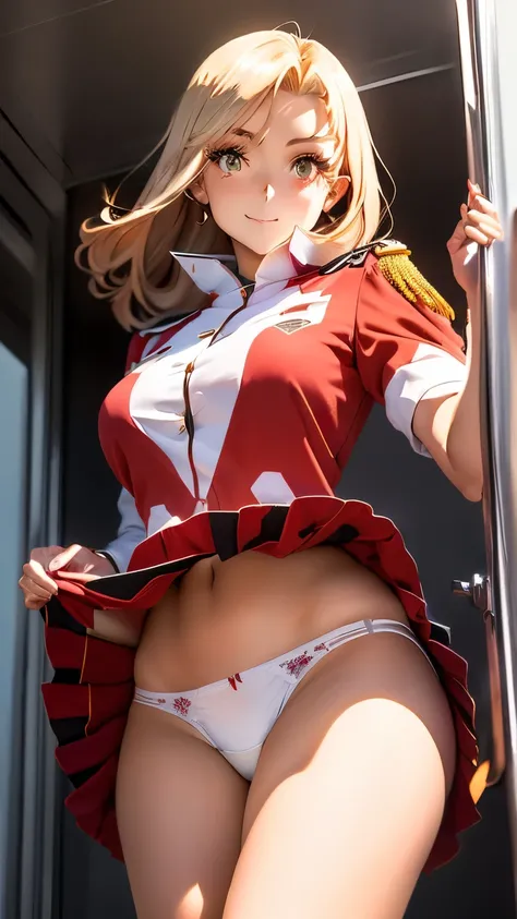 A woman in a red dress has a miniskirt, Red miniskirt uniform ,  White panties are visible from the silver miniskirt , Edward Corbett disguised as a woman wearing a miniskirt,  Anime The Chamba  ,  like a retro-futuristic heroine