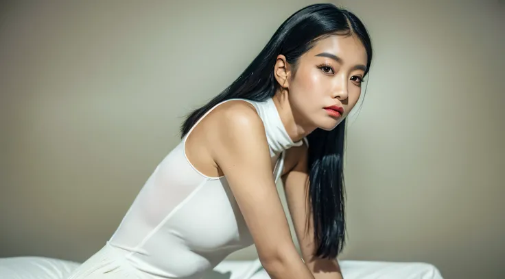 ((best quality, 8k, masterpiece:1.3)),asian Beauty with Perfect Figure, Vivid, white modern sleeveless turtleneck ,long black hair,white background,((detailed face)),vintage photography,take a break,