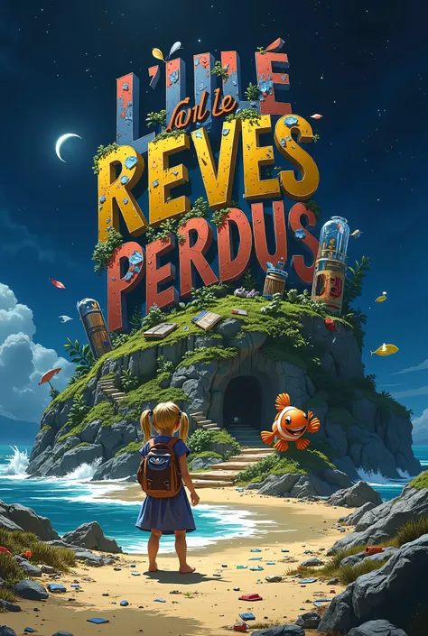 A highly detailed, playful, whimsical, vibrant, fantastic, cool and fanciful illustration of a movie poster featuring the title “L'ÎLE des REVES PERDUS” made in recycled waste and trash damaged 3D letters in a grunge, gross, cartoon and funny ish font, thi...