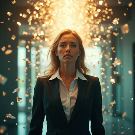 A powerful image of a woman in a professional suit shattering a glass ceiling above her. Shards of glass sparkle in the air, and golden light pours through, symbolizing empowerment and progress