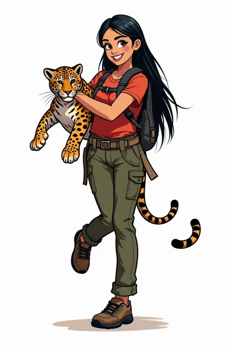  An image of a Peruvian girl with black hair , straight and long, in full body.  Wearing trekking pants and hiking shoes . She is smiling and dancing with a jaguar . European comic style with white background.