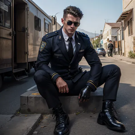 29 year old handsome, One Man,、 muscularity、 Israeli,。 black suit、 black tie、 black slim pants 、Short Hair、Countryside roads 、 sit on the ground、 open her legs 、 black suit、 black tie、 black slim pants 、 upper body up　Israeli,　Front 　Policeman's Uniform　Me...